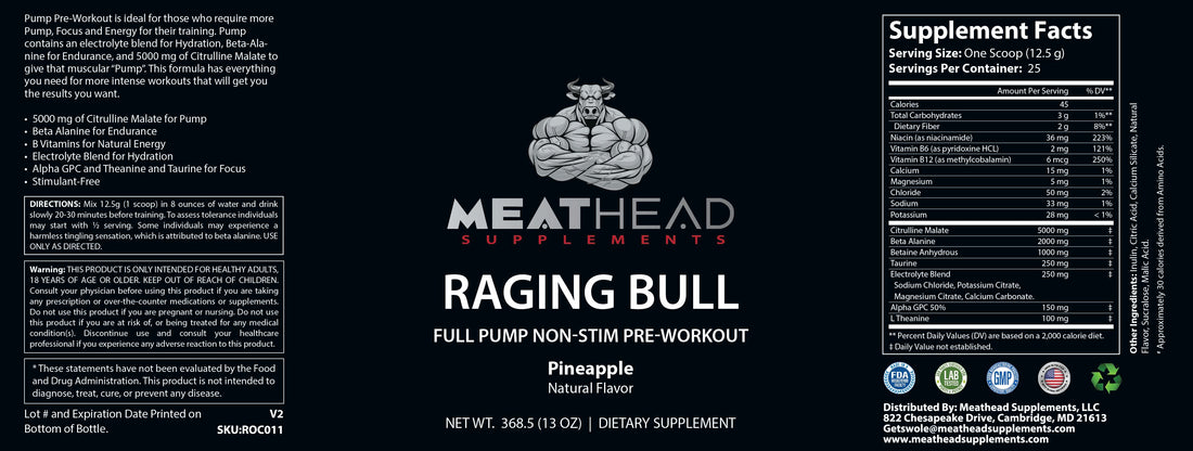 Raging Bull, Full Pump / Non-Stim Pre-Workout Powder (Pineapple)