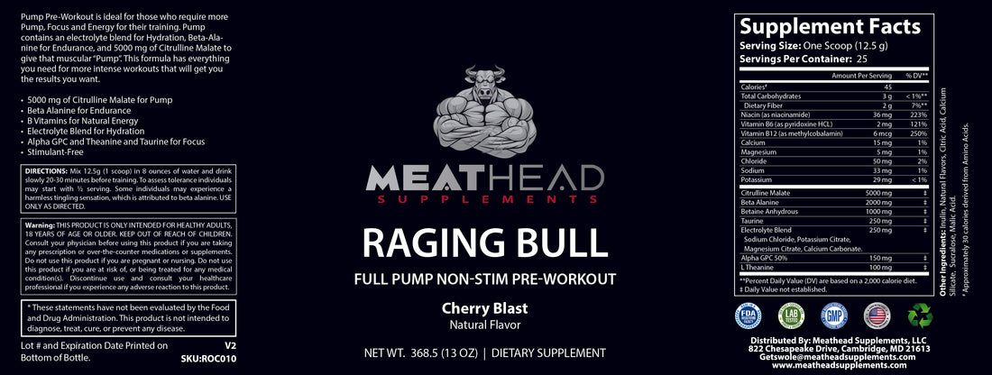 Raging Bull, Full Pump / Non-Stim Pre-Workout Powder (Cherry Blast)
